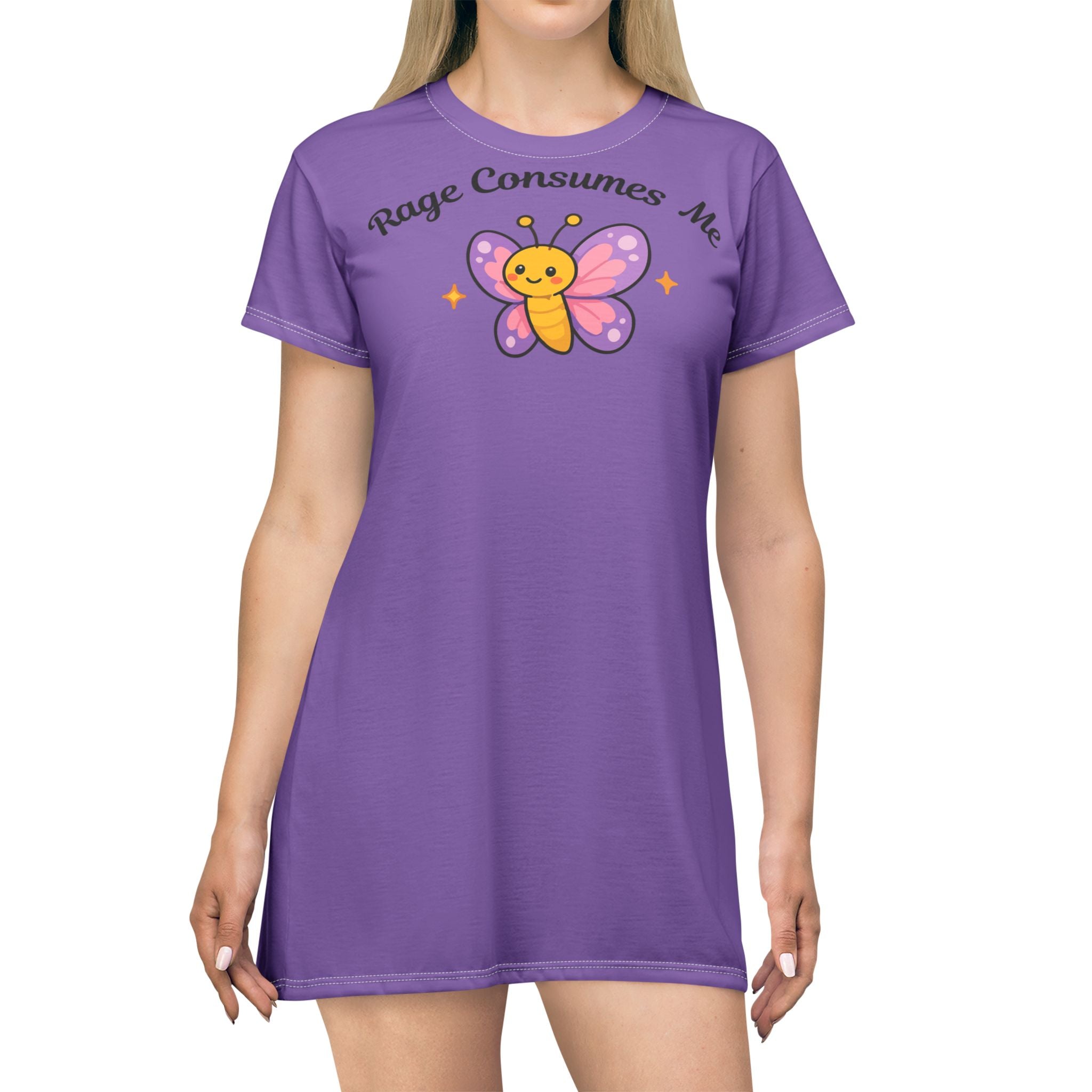 'Rage Consumes Me' Cute Butterfly T-Shirt Dress - Pink Graphic AOP Dress