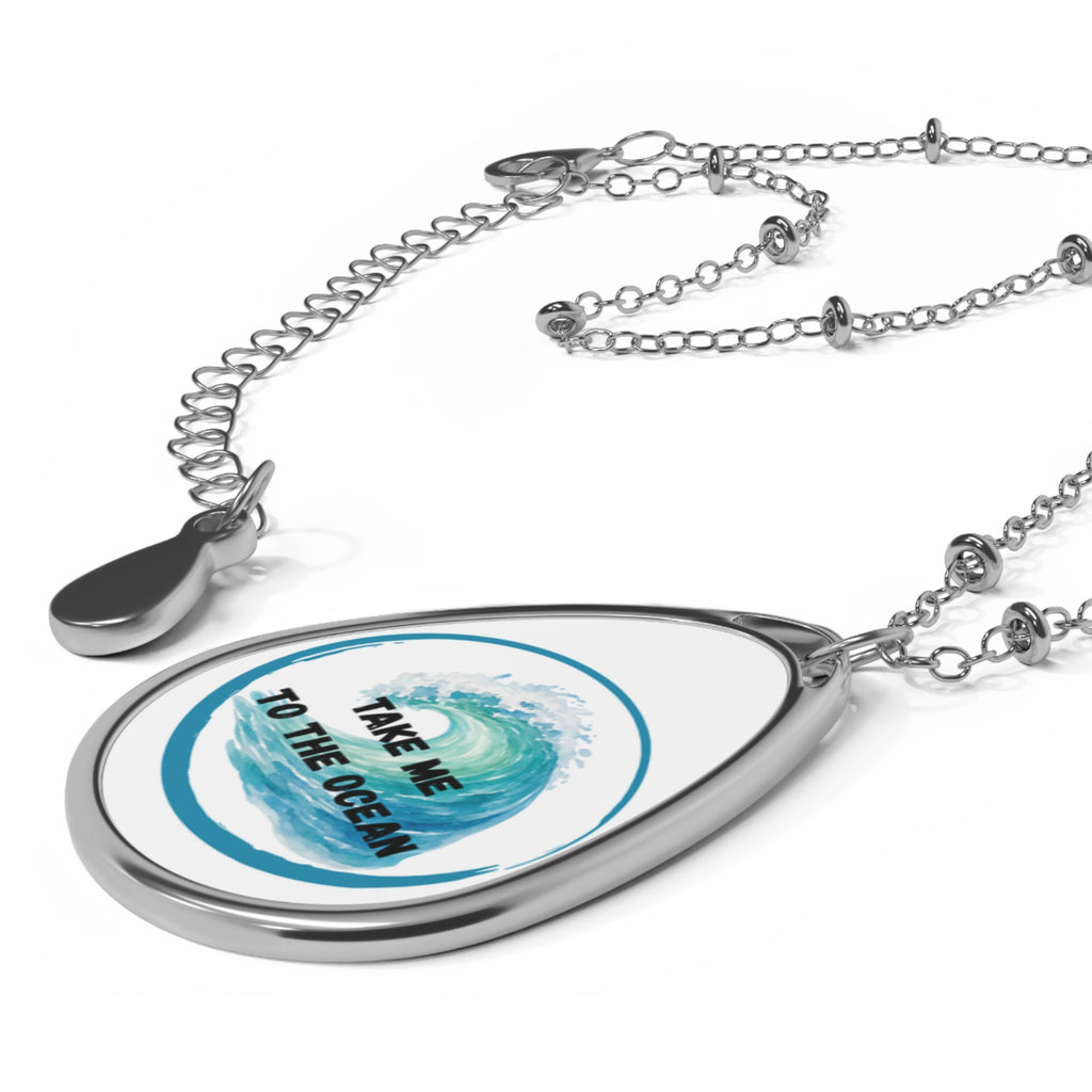 Take Me to the Ocean Oval Necklace — Silver Teardrop Pendant with Ocean Wave Design