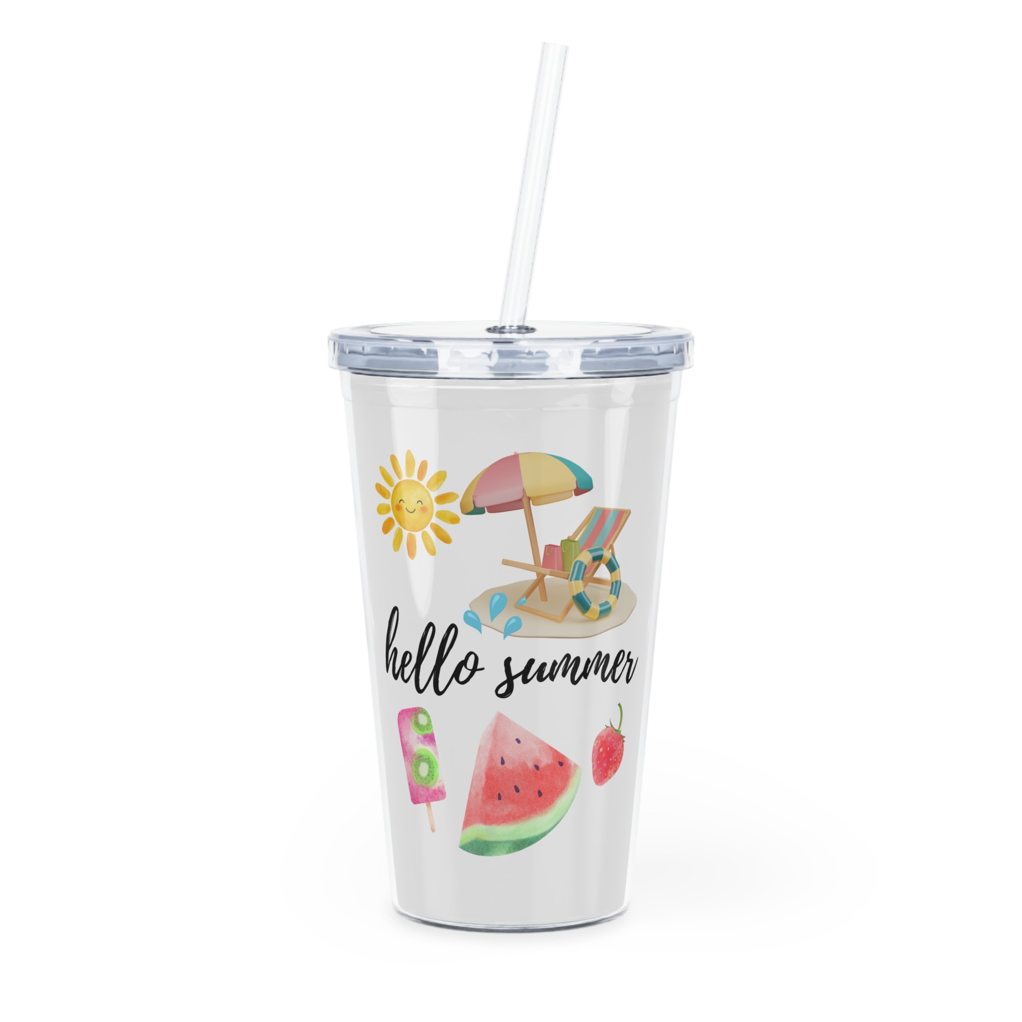 Summer Vibes Tumbler with Straw — "Hello Summer" Beach Watermelon Design