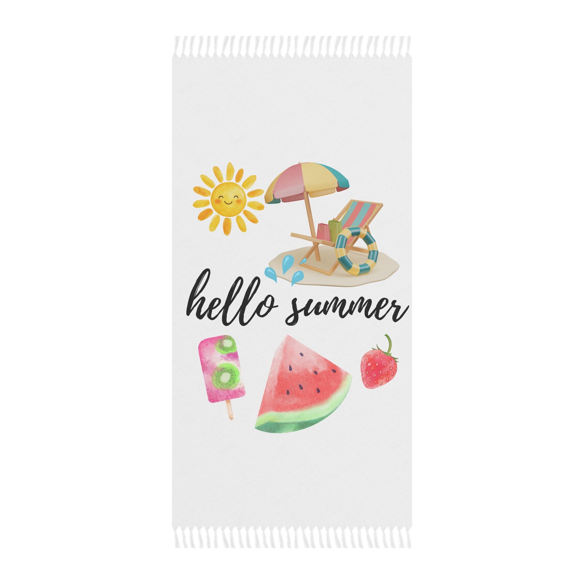 Hello Summer Boho Beach Towel – Watercolor Sun, Umbrella & Watermelon Design