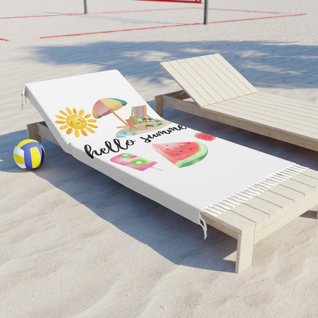 Hello Summer Boho Beach Towel – Watercolor Sun, Umbrella & Watermelon Design