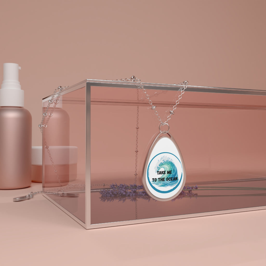Take Me to the Ocean Oval Necklace — Silver Teardrop Pendant with Ocean Wave Design