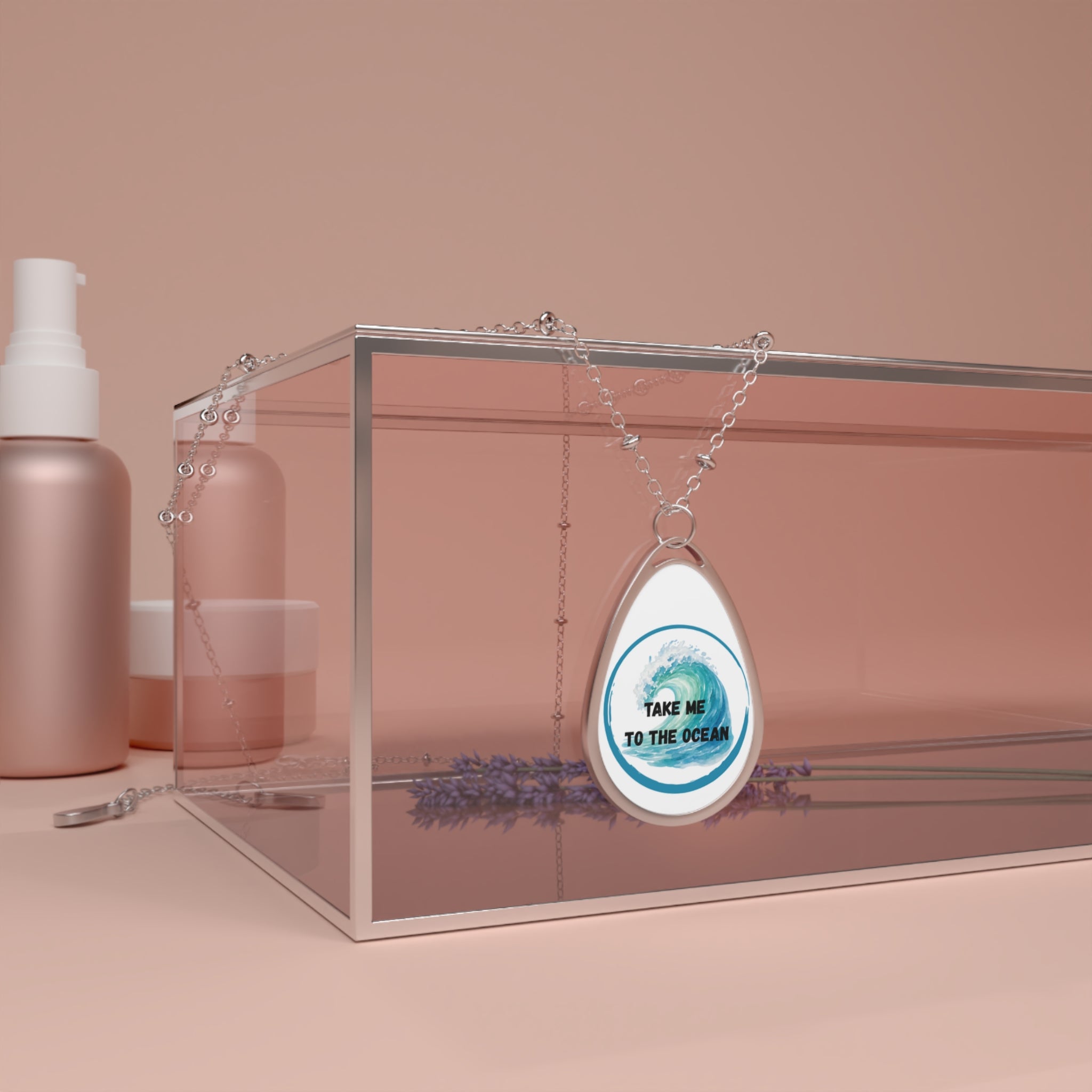 Take Me to the Ocean Oval Necklace — Silver Teardrop Pendant with Ocean Wave Design