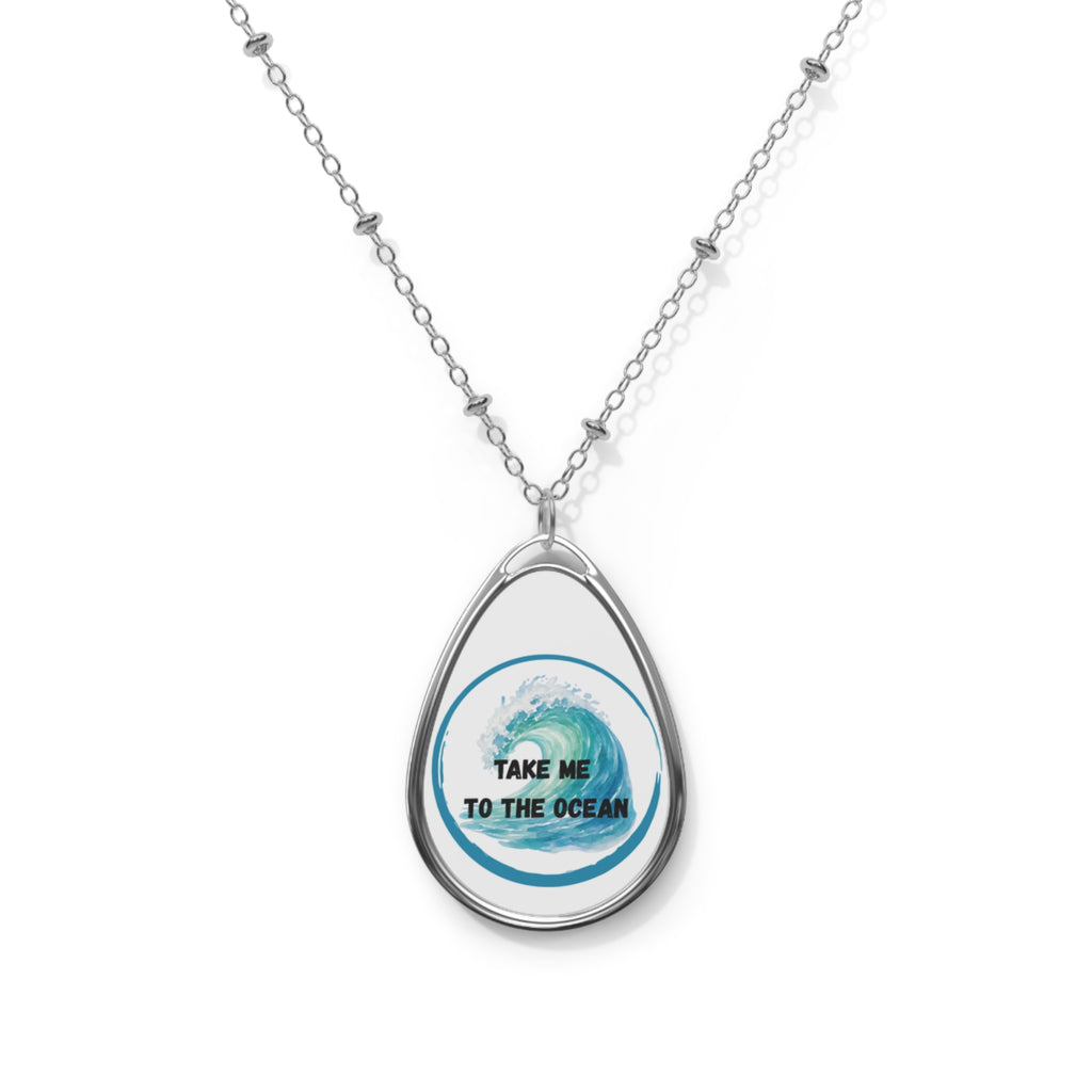 Take Me to the Ocean Oval Necklace — Silver Teardrop Pendant with Ocean Wave Design