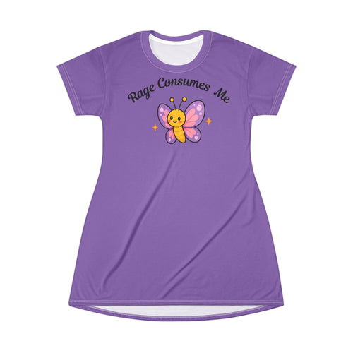 'Rage Consumes Me' Cute Butterfly T-Shirt Dress - Pink Graphic AOP Dress