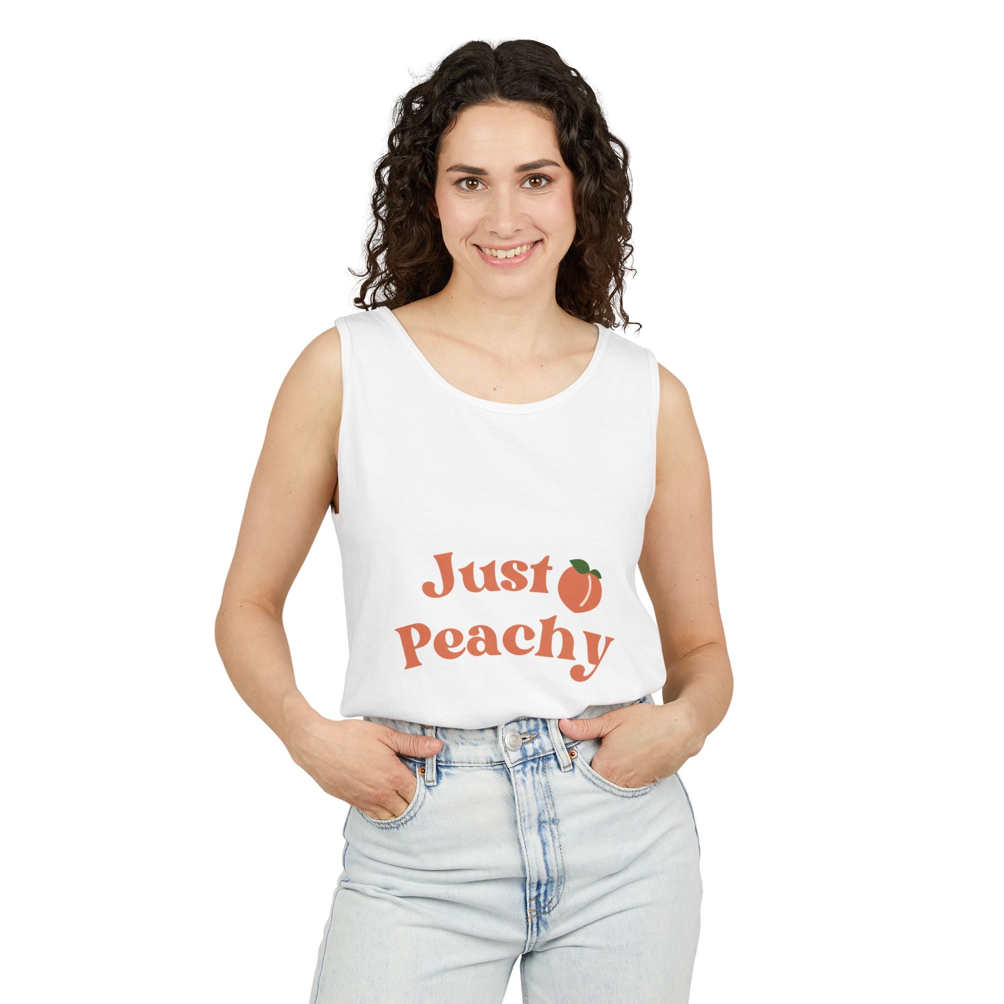 Just Peachy Tank Top — Cute Peach Graphic Summer Shirt