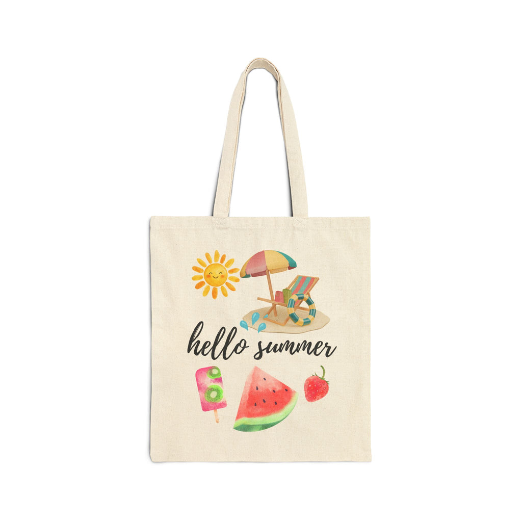 Hello Summer Canvas Tote Bag — Beach Umbrella, Watermelon & Popsicle Grocery Shopper