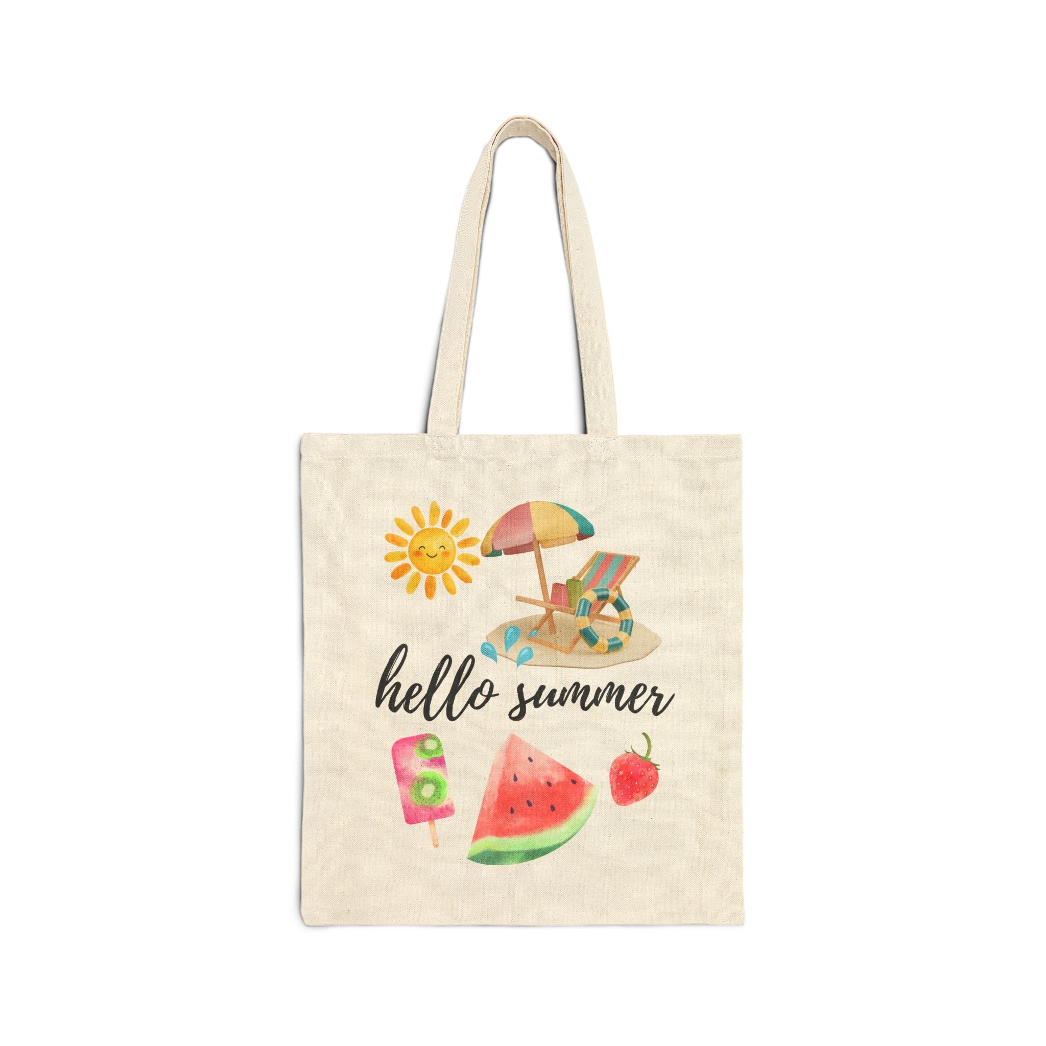 Hello Summer Canvas Tote Bag — Beach Umbrella, Watermelon & Popsicle Grocery Shopper