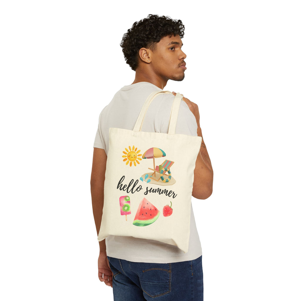 Hello Summer Canvas Tote Bag — Beach Umbrella, Watermelon & Popsicle Grocery Shopper