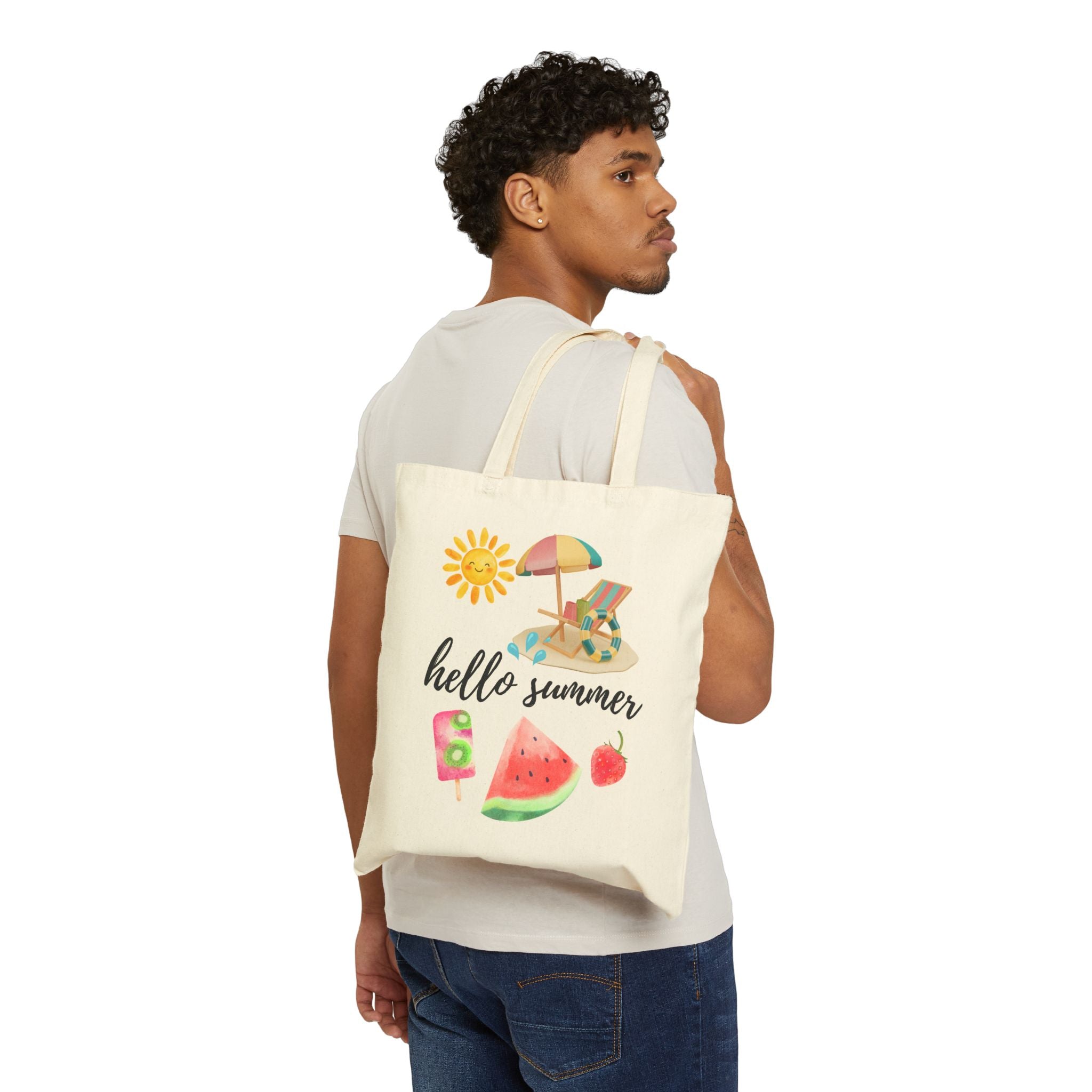 Hello Summer Canvas Tote Bag — Beach Umbrella, Watermelon & Popsicle Grocery Shopper