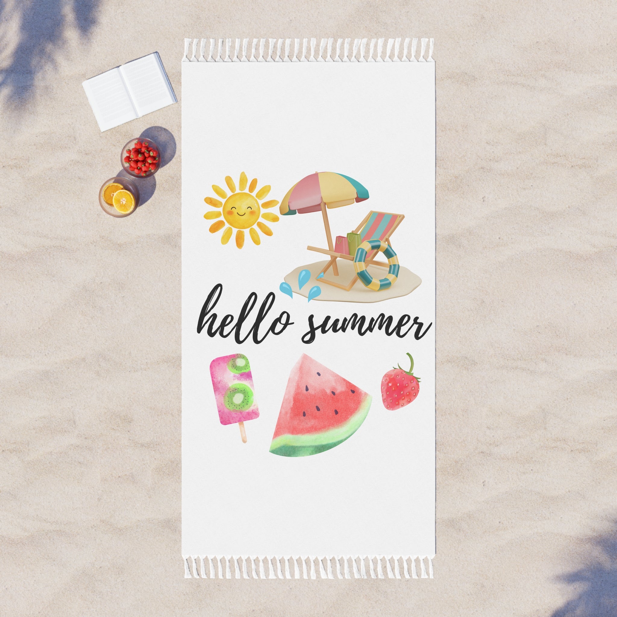 Hello Summer Boho Beach Towel – Watercolor Sun, Umbrella & Watermelon Design